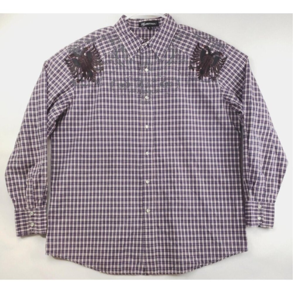 Petrol Shirt Men XL Purple White Pearl Snap Check Long Sleeve Embroidered